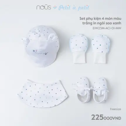 Set phụ kiện sơ sinh Nous 4 món màu trắng in ngôi sao xanh