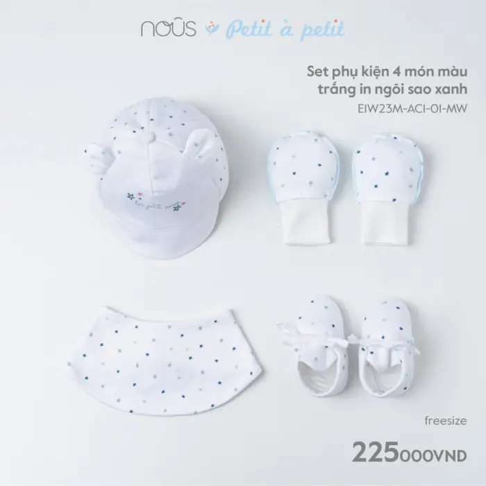 Set phụ kiện sơ sinh Nous 4 món màu trắng in ngôi sao xanh