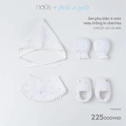 Set phụ kiện sơ sinh Nous 4 món màu trắng in cherries