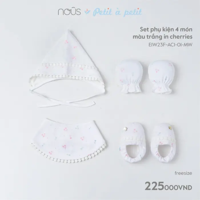 Set phụ kiện sơ sinh Nous 4 món màu trắng in cherries