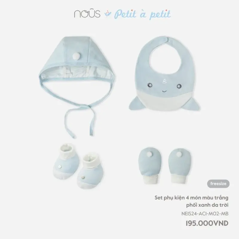 Set phụ kiện sơ sinh Nous 4 món màu trắng phối xanh da trời