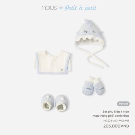 Set phụ kiện sơ sinh Nous 4 món màu trắng phối xanh nhạt