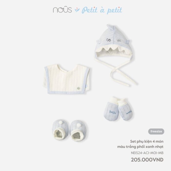 Set phụ kiện sơ sinh Nous 4 món màu trắng phối xanh nhạt
