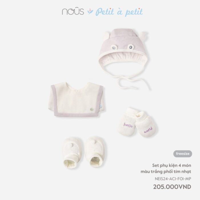 Set phụ kiện sơ sinh Nous 4 món màu trắng phối tím nhạt