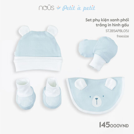 Set phụ kiện sơ sinh Nous xanh phối trắng in hình gấu