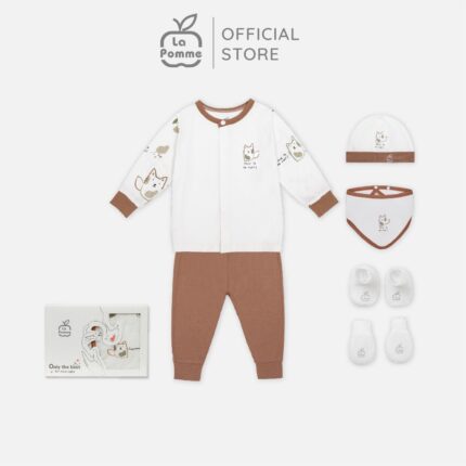Set quà sơ sinh La Pomme 5 món màu trắng phối nâu