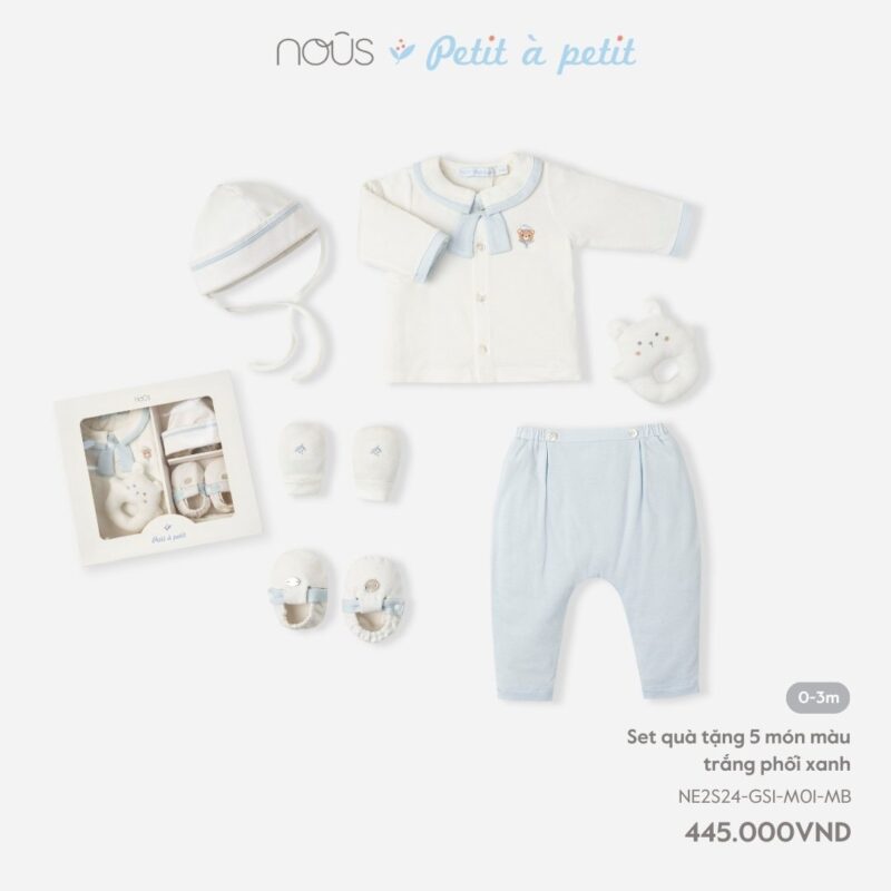 Set quà tặng sơ sinh Nous 5 món màu trắng phối xanh