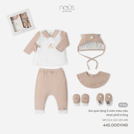 Set quà tặng sơ sinh Nous 5 món màu nâu nhạt phối trắng