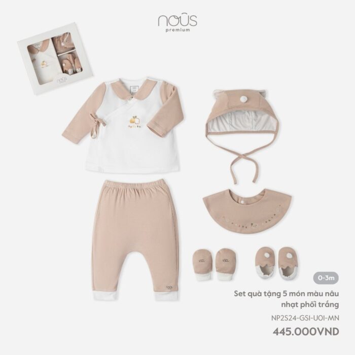 Set quà tặng sơ sinh Nous 5 món màu nâu nhạt phối trắng