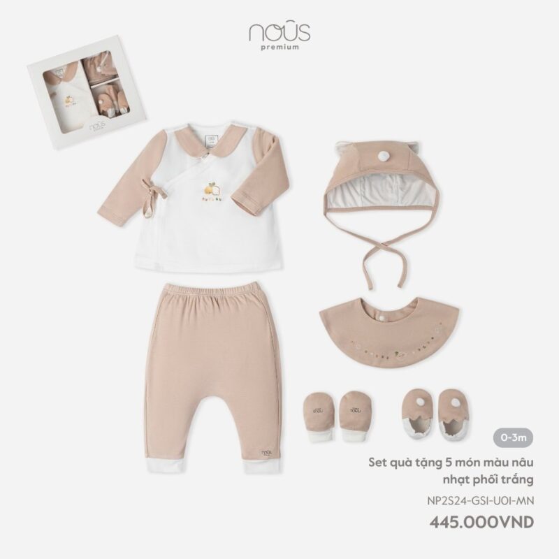 Set quà tặng sơ sinh Nous 5 món màu nâu nhạt phối trắng