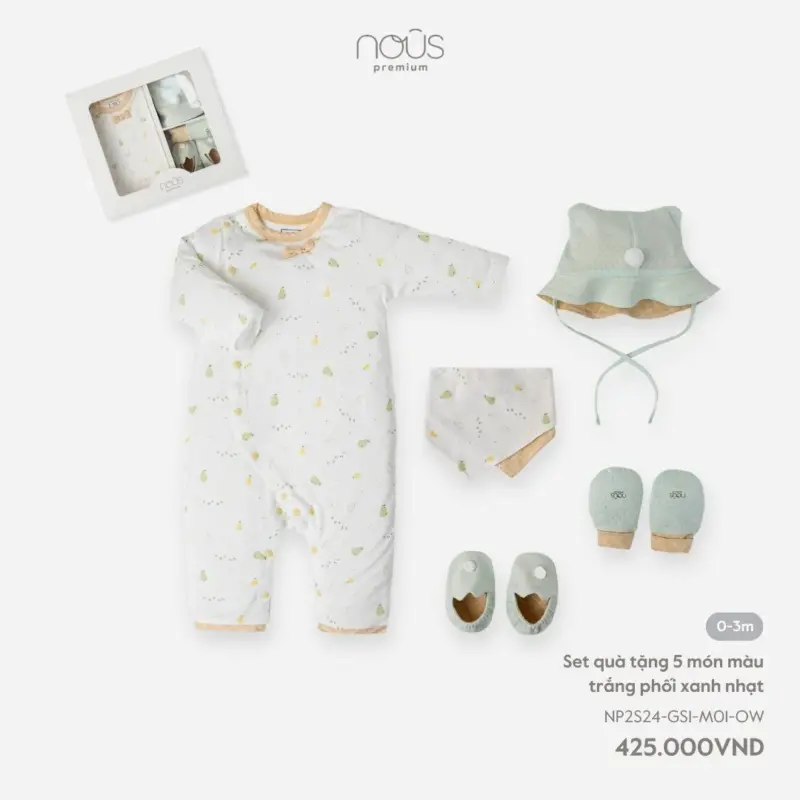 Set quà tặng sơ sinh Nous 5 món màu trắng phối xanh nhạt